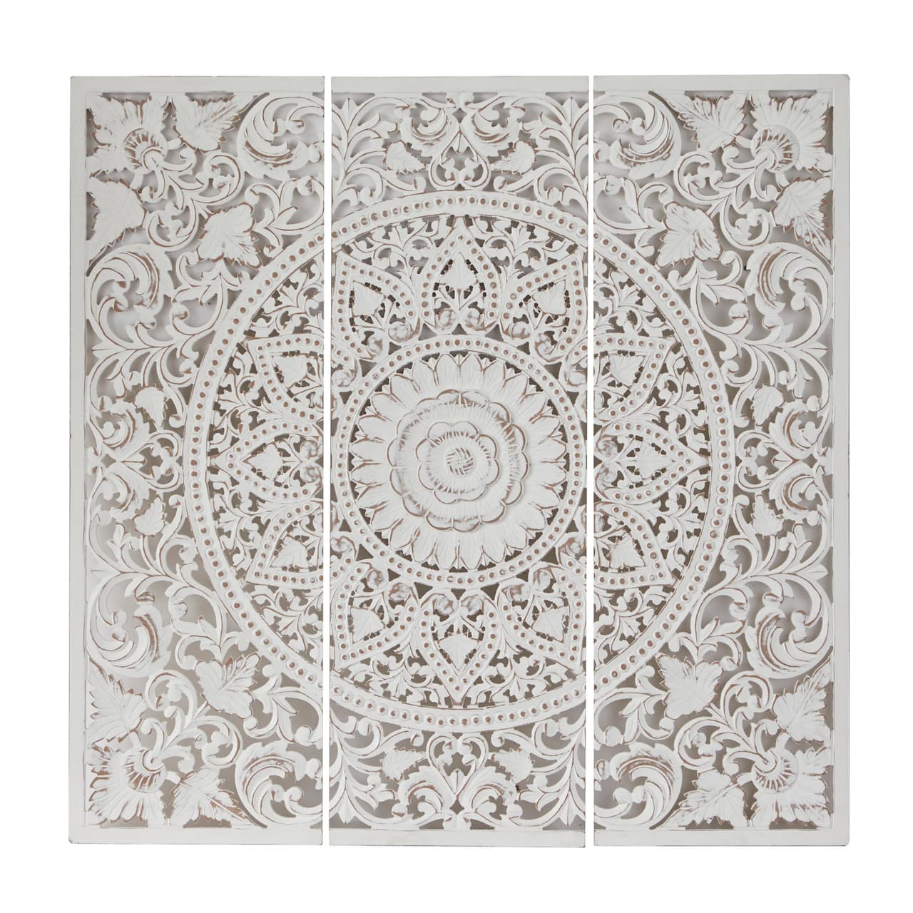White Wood Handmade Intricately Carved Floral Wall Decor with Mandala Design Set of 3 16", 48"